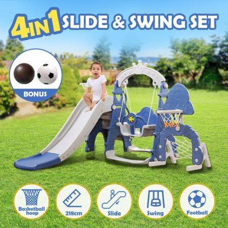 Kidbot Swing and Slide Set Basketball Hoop Football Net Kids Play Equipment 4-In-1 Outdoor Toy