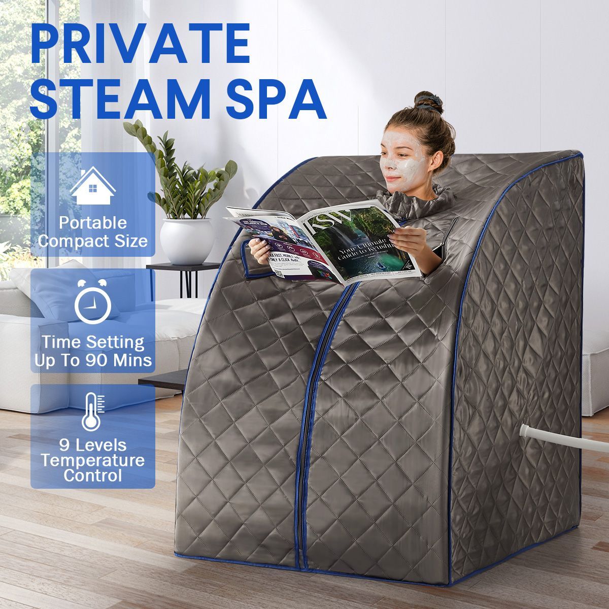 9 Level Temperature Portable Home Steam Sauna Spa Set W/ 3L Steam Pot, Remote Controller, Chair