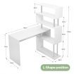 L-Shaped To Linear Shaped Rotating Computer Desk Office Corner Table W/ 4 Tiers Book Shelves-White