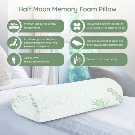 High Density Memory Foam Back Neck Pillow Leg Elevator Half Moon Shape W/Bamboo Cover