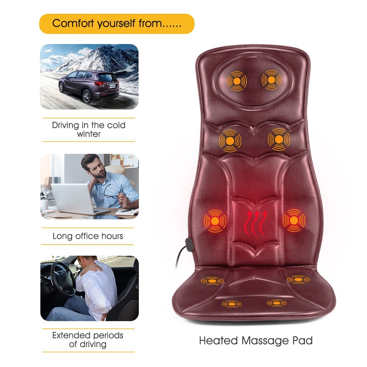 10 Motor Vibrating Heated Massage Cushion Seat Pad Pulsate,Tap,Roll,Knead Home Car Full Body Relax