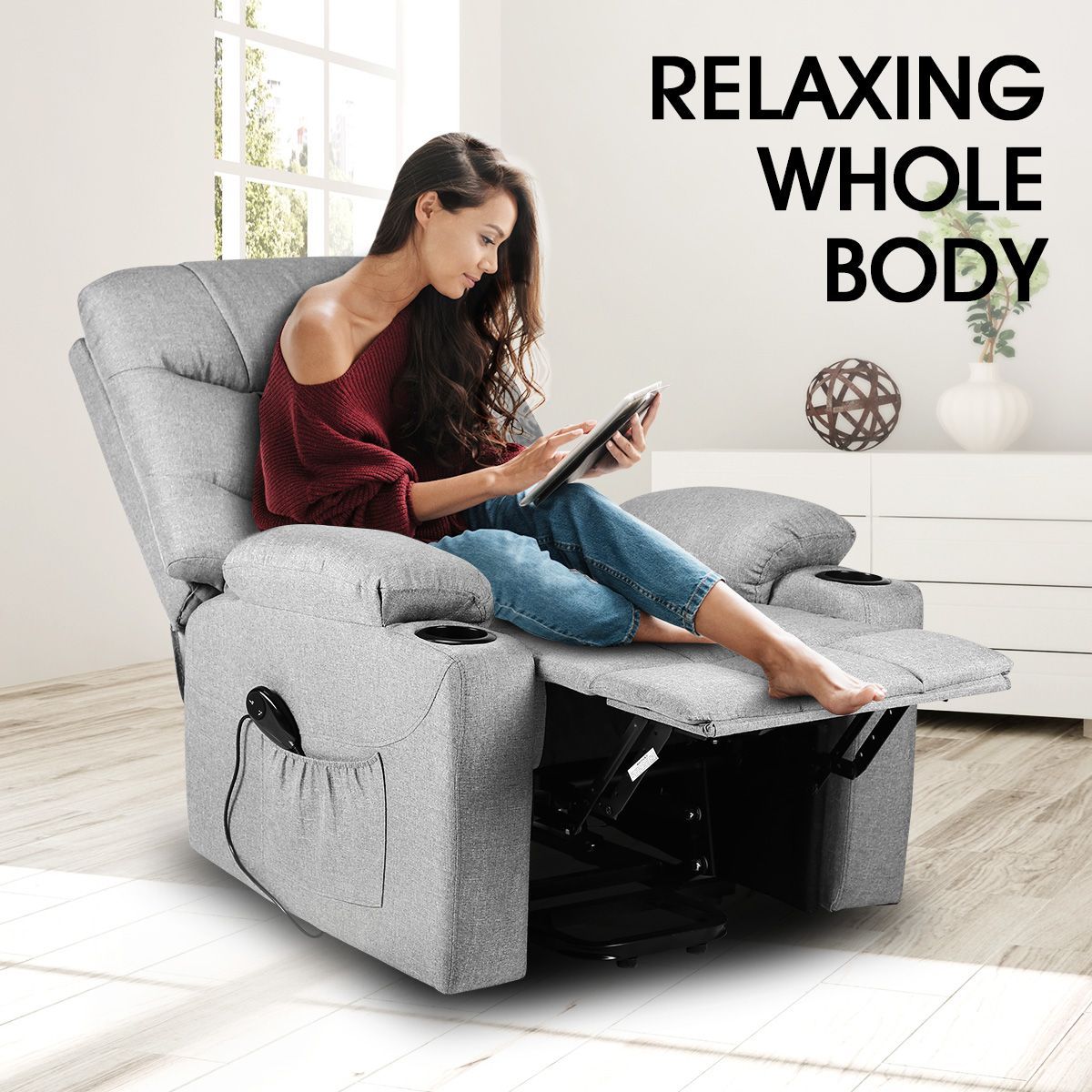 Relax 8 Point Heated Massage Chair Lift Moter 160 Degree Recliner Thick Padded Sofa W/Slide Out Foot Rest