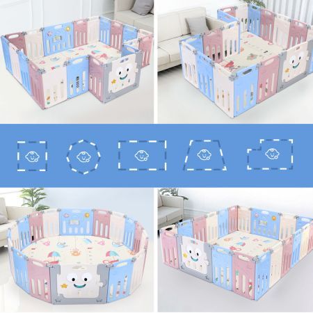 16 Panels Shape Adjustable Baby Playpen Fence Gate W/Safety Lock Eco-Friendly Foldable Easy Storage