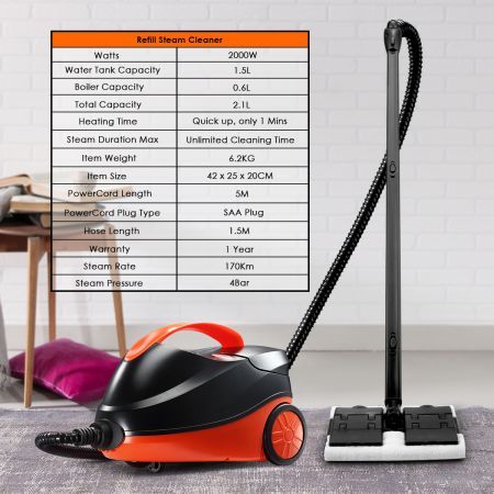 Remove Tough Dirt 2.1L Strong Steam Cleaner Only 1-Min Heating For Floor,Window,Glass,Cloth -Black