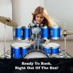 5 Pcs Full Size 100% Birch Shell Drum Kit W/Cymbals+Stool Good Gift For Begginers Children-Blue