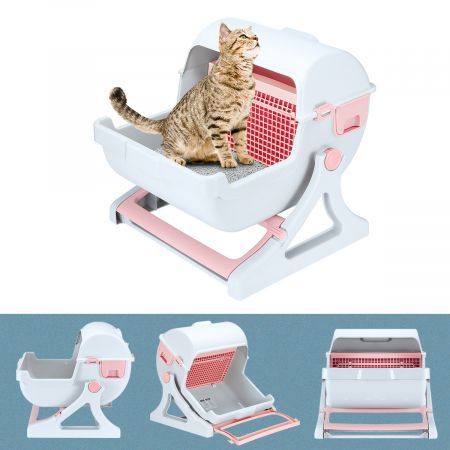 Semi Automatic Cat Litter Box Pet Toilet W/Bucket Non-Toxic, Ordourless, Durable To Use-Pink