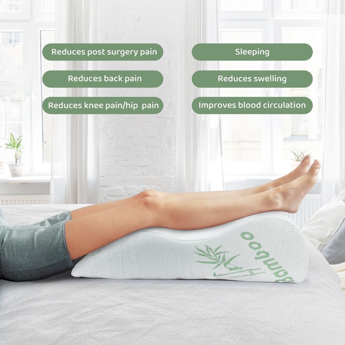 Ergonomic Design Leg Rest/Support Pillow Bed Elevation Cushion W/Gel Momory Foam,Bamboo Cover