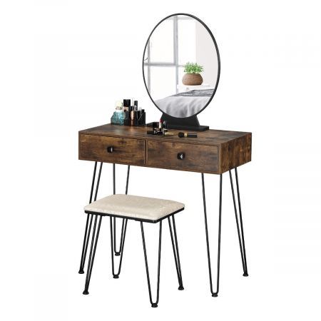 Oak Wooden Makeup Vanity Dressing Table W/Round Mirror,2 Large Cabinets+High Elastic Stool Set