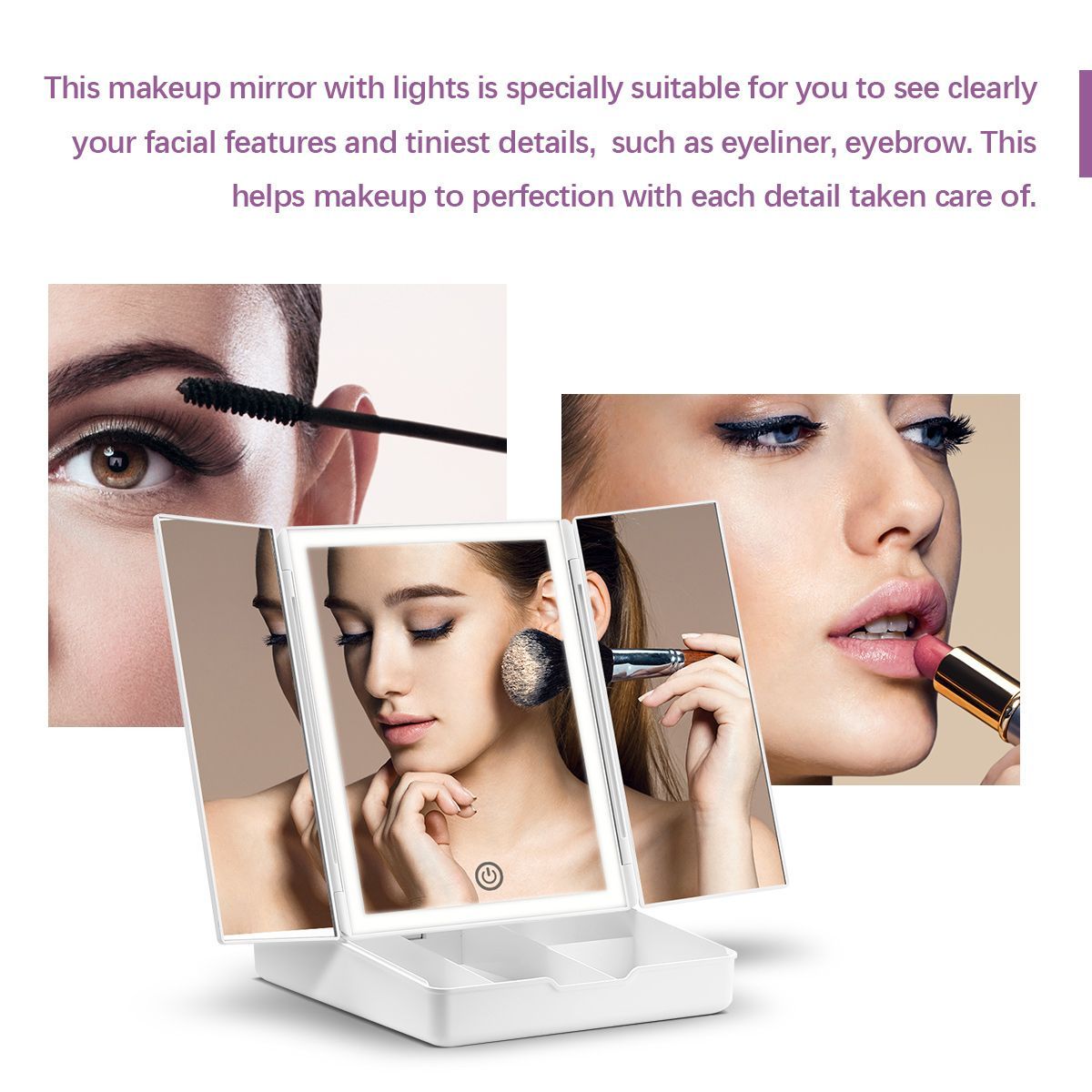 3 Light Color Tri Fold Led Vanity Make Up Mirror  90 Degree Rotaiton W/Dimmable Leds For Perfect Makeup