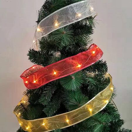 Christmas Decorations  Double Layer Satin Ribbons for Crafts, 3 PCS Christmas Tree Decoration Warm LED Light Ribbon, Gold Silver Red, 6.3cm x 2m