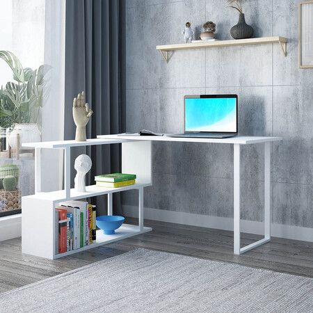 L Shape Computer Desk Rotating Study Table Workstation Office Furniture White