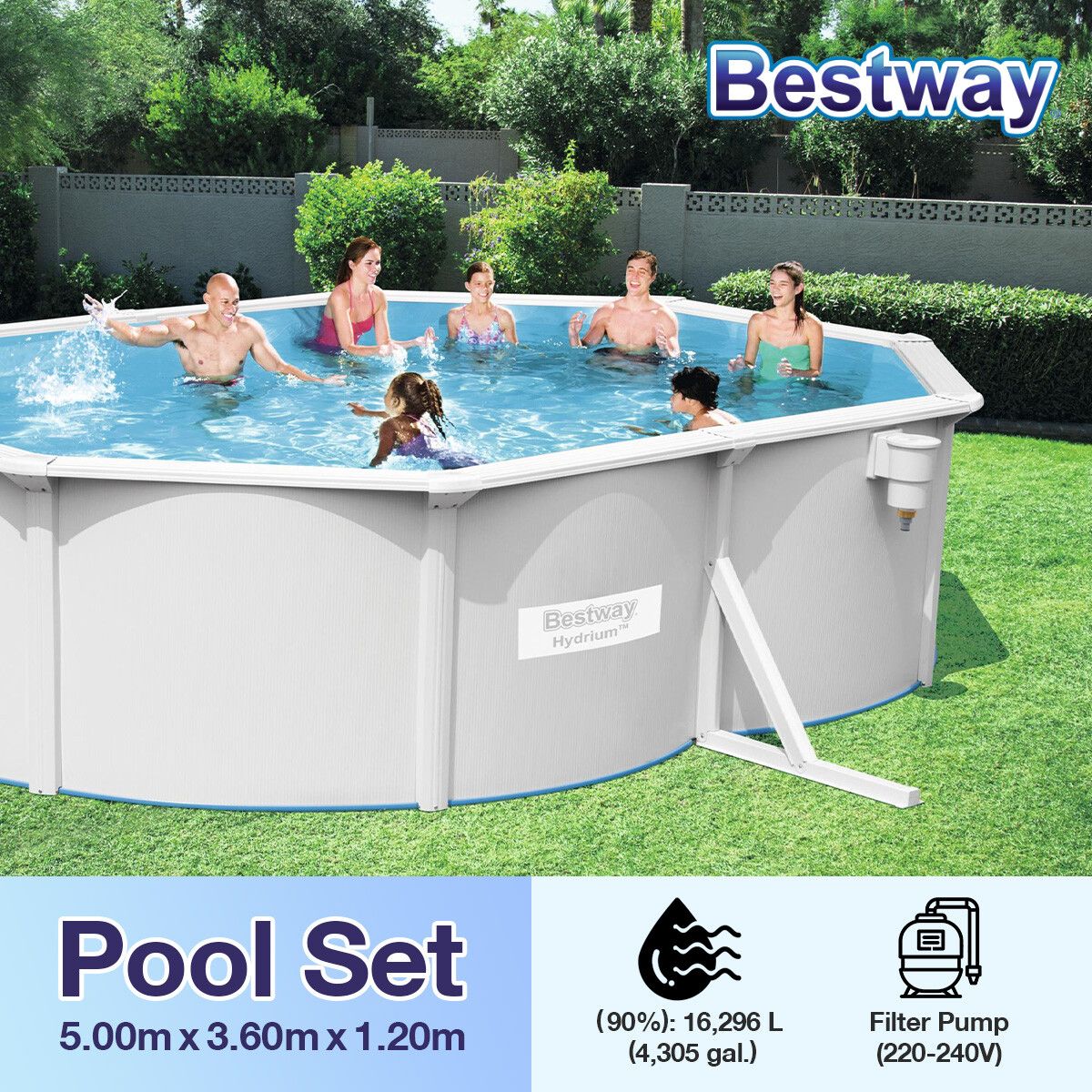 Bestway Luxury Oval Pool Set Above Ground Pro Frame Swimming Bath Spa 5.00m x 3.60m x 1.20m