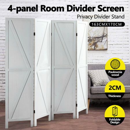 4 Panel Room Divider Screen Privacy Separator Partition Stand Wooden Folding Portable White