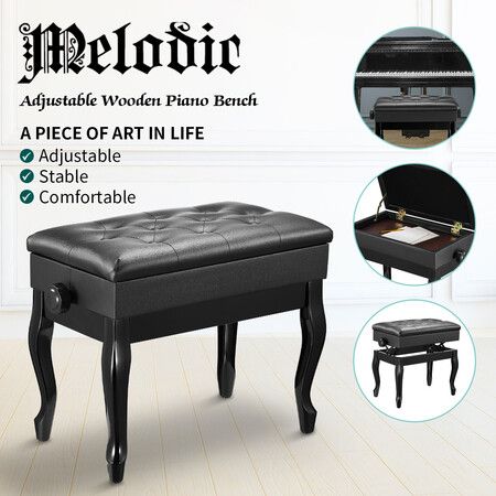 Melodic Piano Stool Adjustable Wood Chair Keyboard Bench with Storage Bent Leg Black