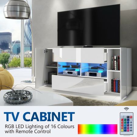 TV Stand LED Lighted Entertainment Unit Console Storage Cabinet High Gloss Front White