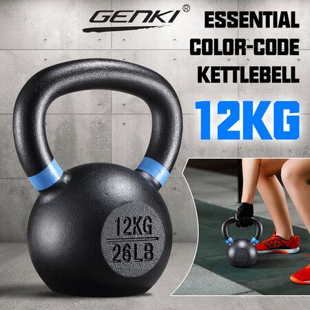 Genki 12kg Kettlebell Barbell Cast Iron Fitness Home Gym Workout with Wide Grip Colour Coded Black