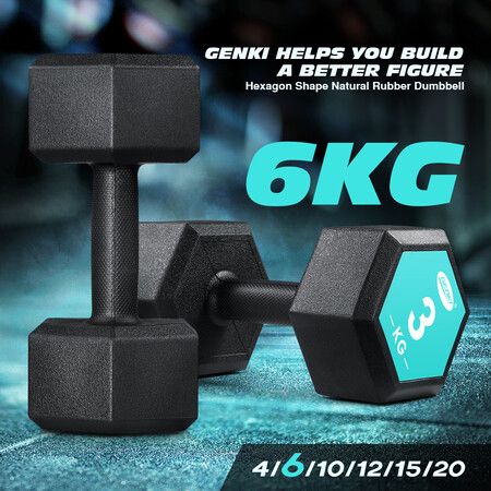 2 x Genki Hex Dumbbell Barbell Set 3kg Rubber Encased Fitness Home Gym with Chromed Handle Black