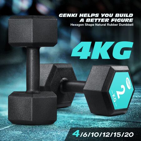2 x Genki Hex Dumbbell Barbell Set 2kg Rubber Encased Fitness Home Gym with Chromed Handle Black