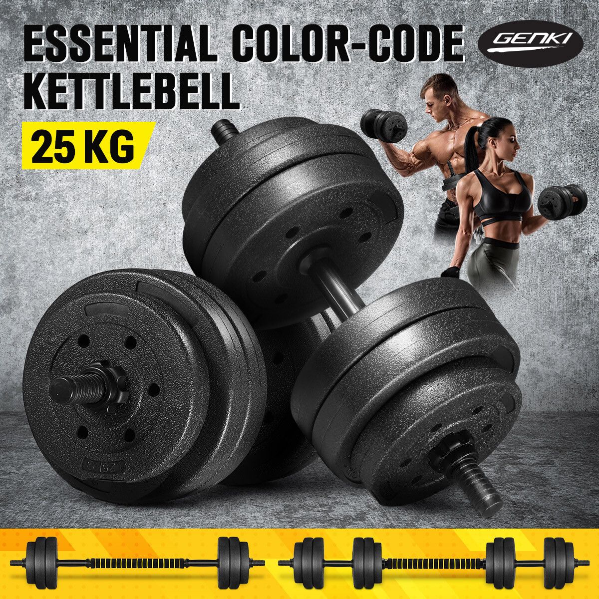 Genki Dumbbell Barbell Set Adjustable Weights 2 In 1 25kg with Connecting Rod for Fitness Home Gym