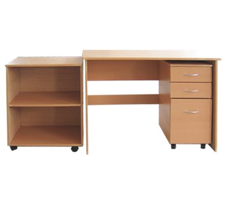 Computer Desk Workstation Wooden Study Table with 3 Drawer Cabinet & Shelf On Caster Wheels - Beige