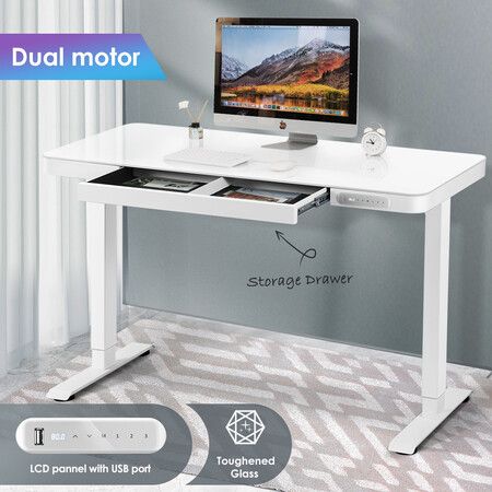 Electric Standing Desk Height Adjustable Computer Table Furniture Motorized Glass Top Dual Motor White Crazy Sales