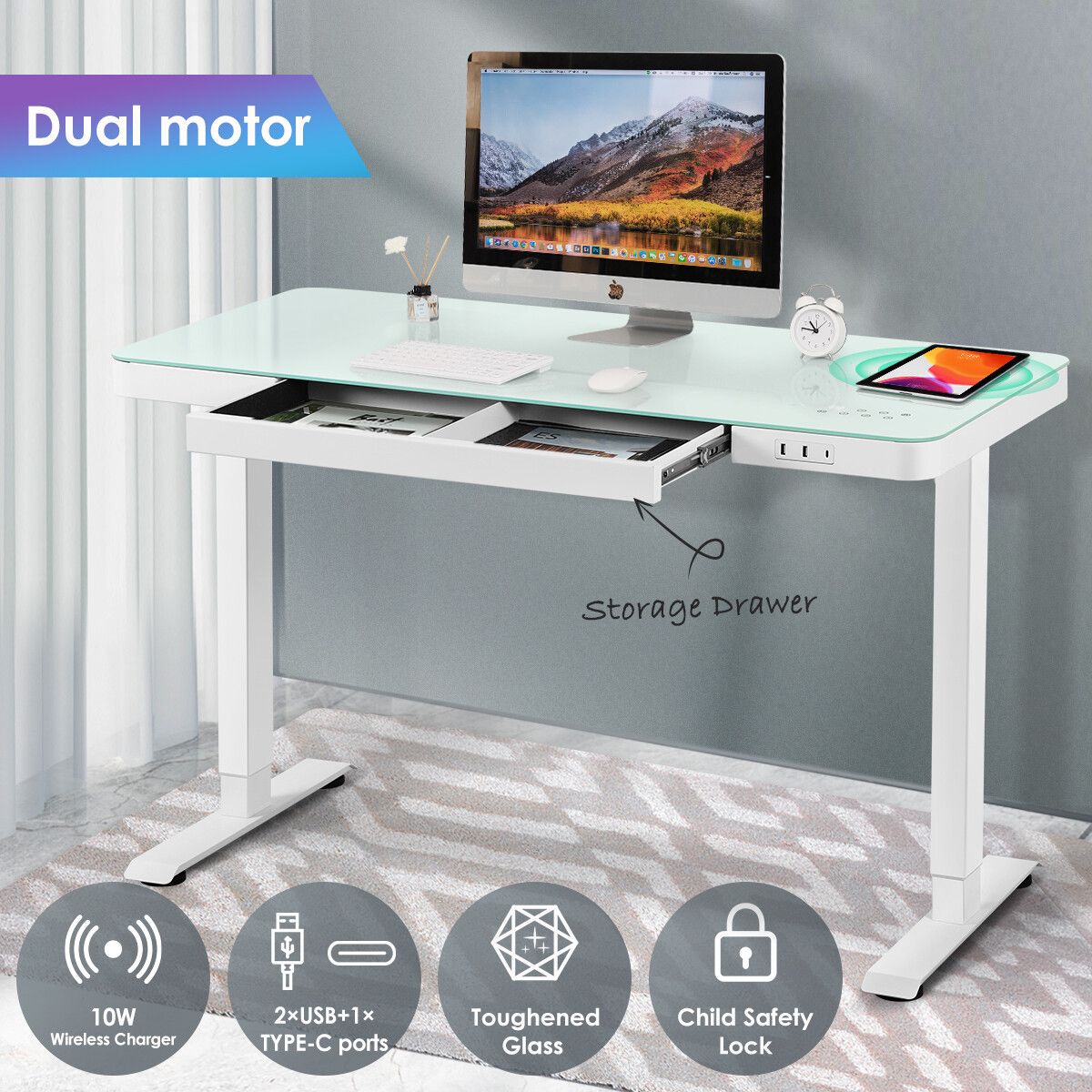 Electric Standing Computer Desk Motorized Table Height Adjustable Dual ...