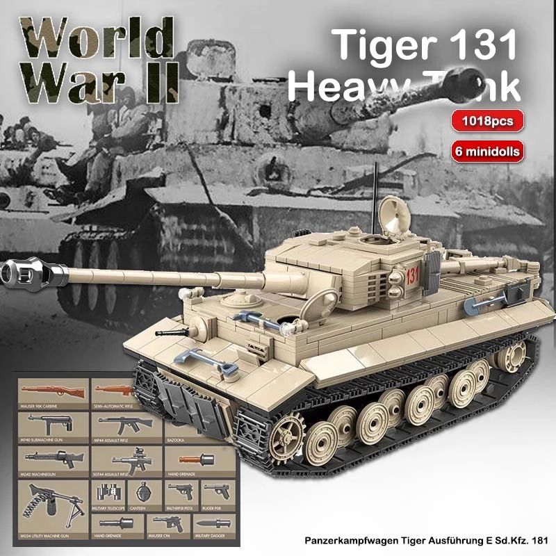 1018pcs TIGER 131 Military Tank Blocks Heavy Tanks Bricks Set Weapons Soldiers Models Kids DIY Toys Children Gifts