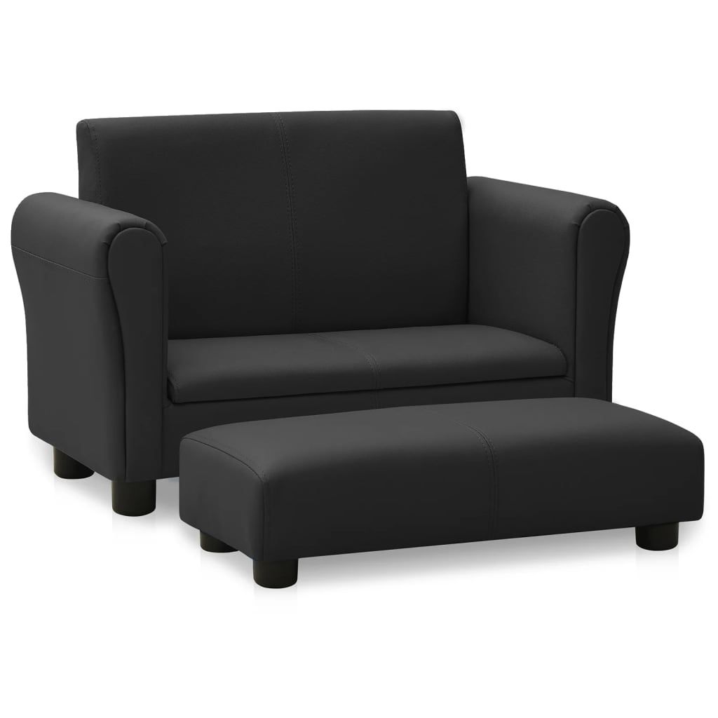 Children Sofa with Stool Black Faux Leather