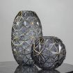 2X Grey Colored Diamond Cut Glass Flower Vase Round Jar Home Decor with Gold Accent