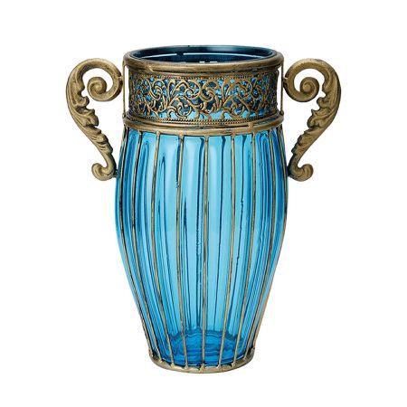 Blue European Colored Glass Home Decor Jar Flower Vase with Two Metal Handle