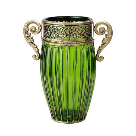 Green European Colored Glass Home Decor Jar Flower Vase with Two Metal Handle