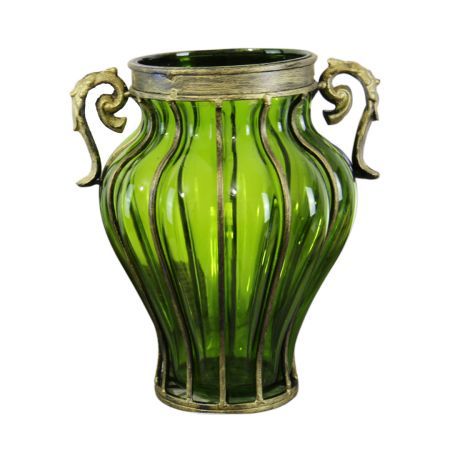 Green Colored European Glass Home Decor Flower Vase with Two Metal Handle