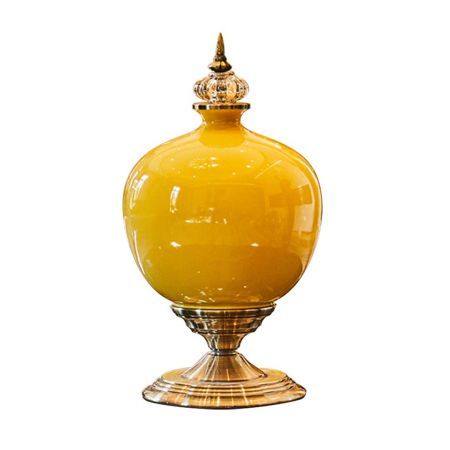 38.50cm Ceramic Oval Flower Vase with Gold Metal Base Yellow