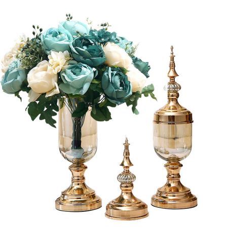 2 x Clear Glass Flower Vase with Lid and Blue Flower Filler Vase Gold Set