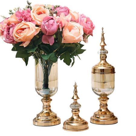 2 x Clear Glass Flower Vase with Lid and Pink Flower Filler Vase Gold Set