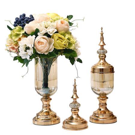 2 x Clear Glass Flower Vase with Lid and White Flower Filler Vase Gold Set