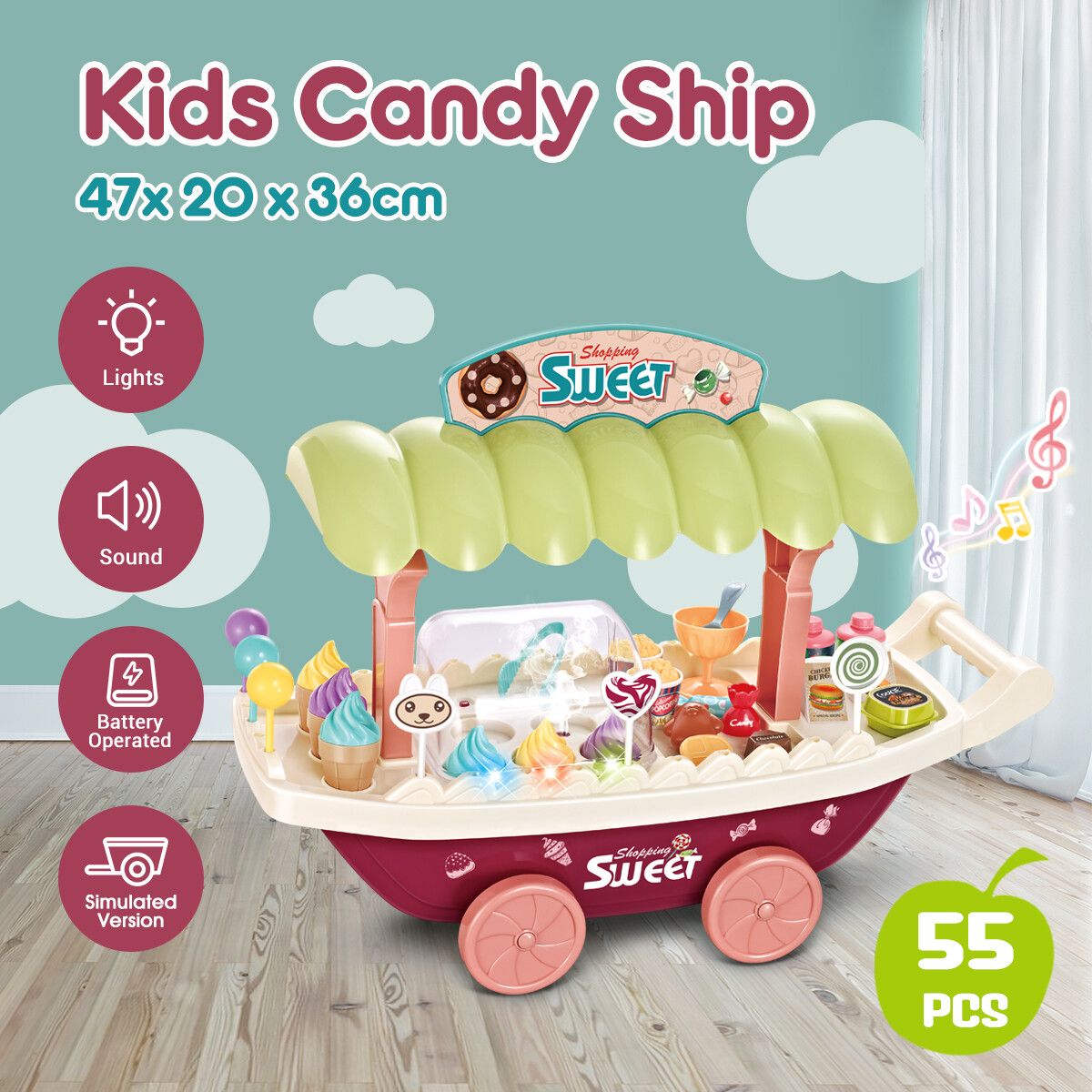 55 PCS Toy Boat Ship Educational Pretend Play Food Toy Set Ice Cream Candy with Light Music Smoke