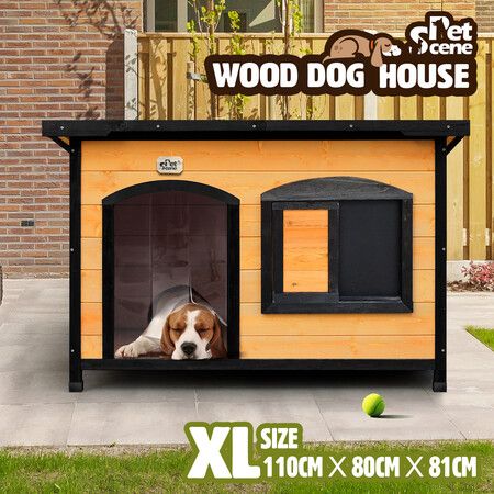 Petscene Dog Kennel Wooden Pet House with Lift Up Roof Door Plastic Curtains Extra Large