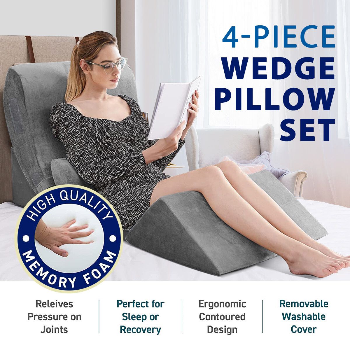 4 Pcs Wedge Pillow Set Memory Foam Bed Cushion Back and Head Support Adjustable Gray