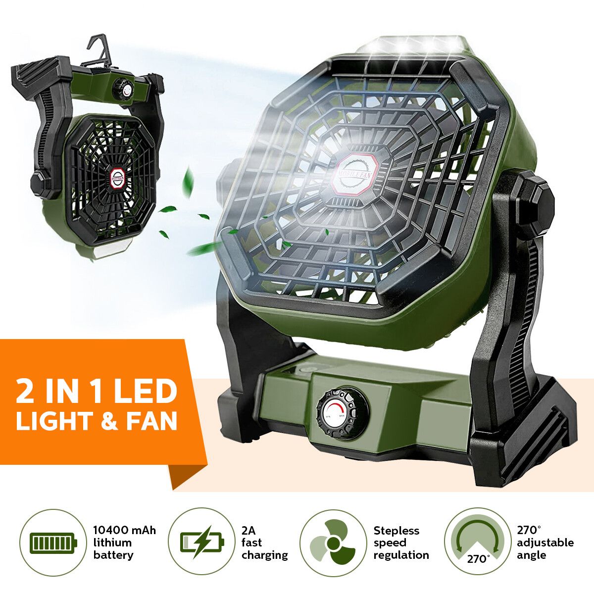 Outdoor Camping Fan Light 2in1 with LED Lamp Portable Tent USB Powered Rechargeable Battery 3 Brightness Green