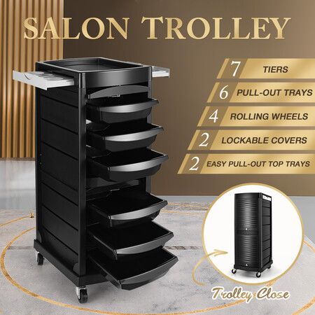 Salon Storage Trolley Tool Cart Hairdressing Furniture Rolling on Wheels 7 Tiers 6 Trays