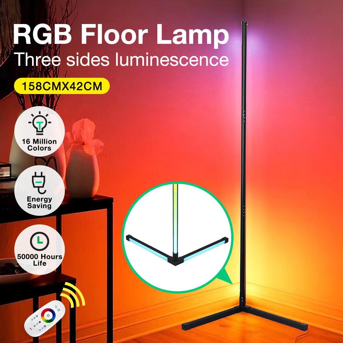 RGB LED Floor Lamp Light Corner Standing Lighting Remote Control for Bedroom Living Room 158CM