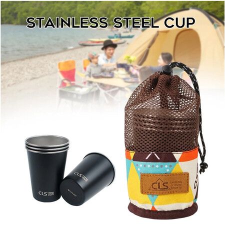 350ML Stainless Steel Cup Outdoor Camping Tumbler Cup With Mesh Carry Bag 4PCS  Set