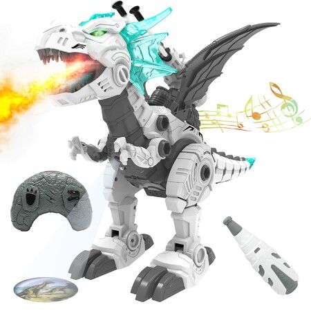 Remote Control Dinosaur Toys DIY RC Dinosaur Educational Walking Fire Dragon with Lights Sounds Spray Projection Shooting Gifts for Kids Boys Girls