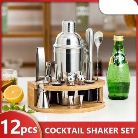 12pcs/set Stainless Steel Cocktail Shaker Set Bartender Tool Kit Bar Accessories Drink Mixer Tool With Wine Rack Stand 750ml