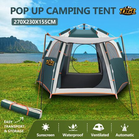 OGL 5 Person Tent Camping Beach Shelter Instant Pop Up Family Sun Shade 270x230x155cm Green White