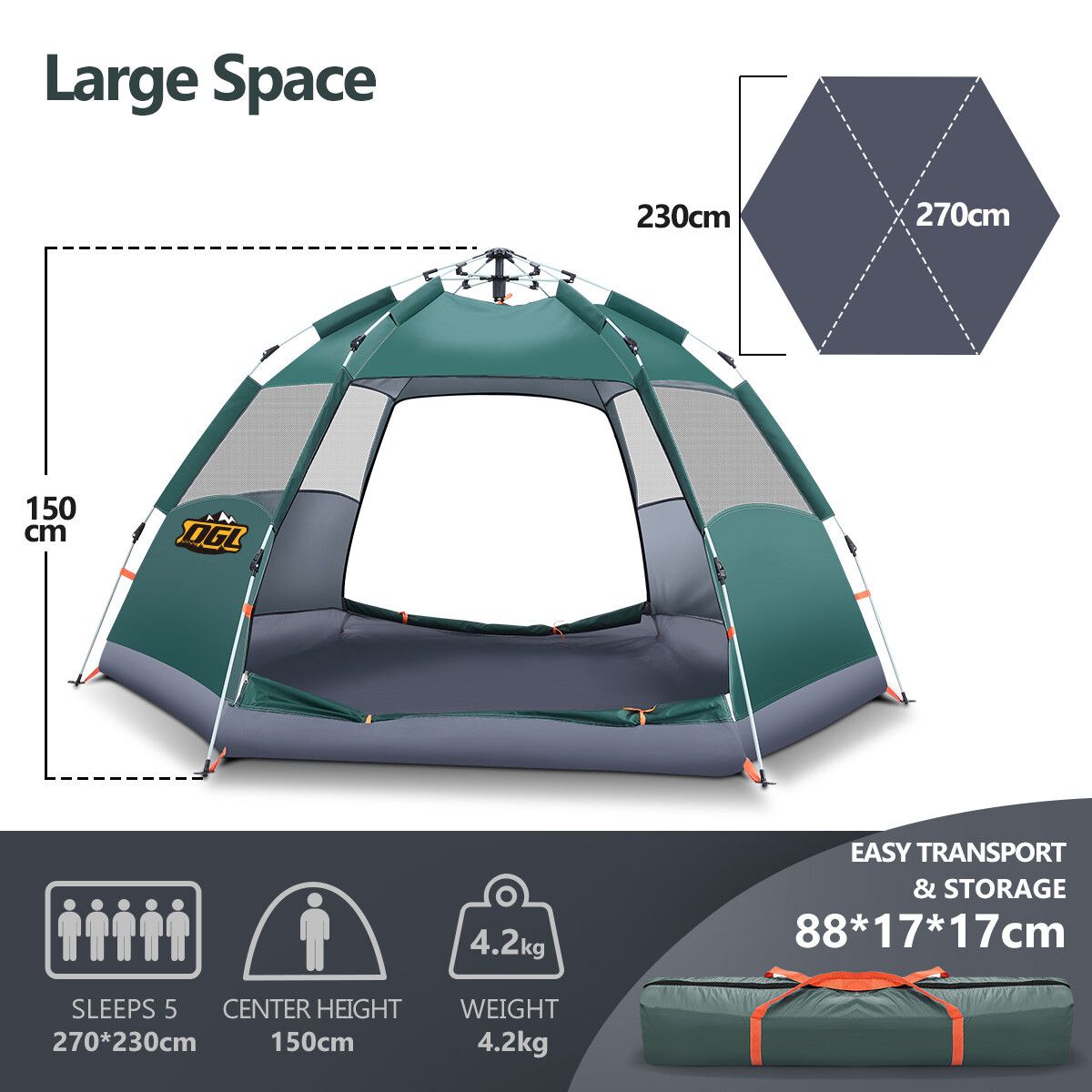 OGL 5 Person Tent Instant Pop Up Beach Camping Shelter Sun Shade Family ...