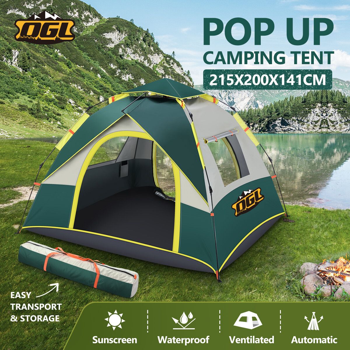 OGL 3 Person Tent Beach Camping Instant Pop Up Shelter Family Sun Shade 215x200x141cm Green White 