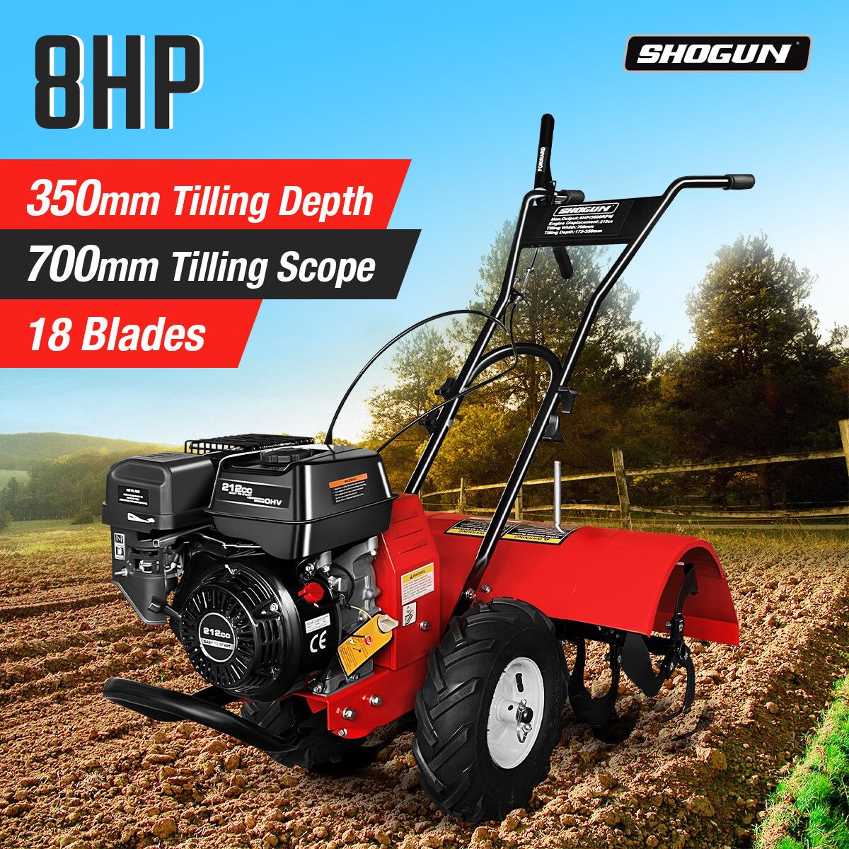 Cultivator Tiller Farm Rototiller Self Propelled Rotary Plough Garden Tool 8HP 212CC