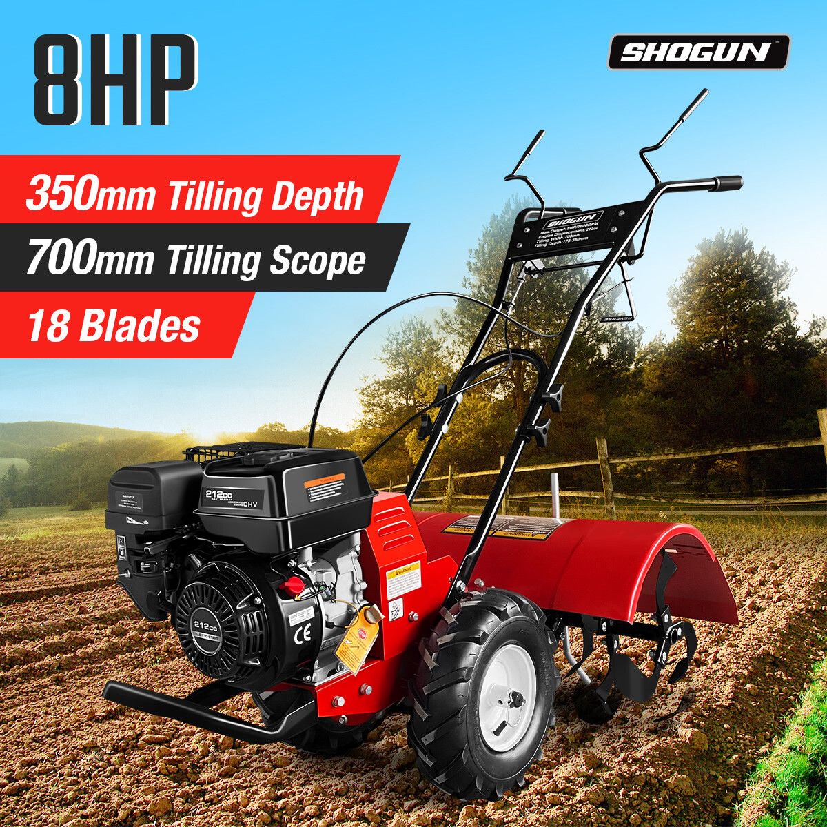 Rotary Tiller Cultivator Self Propelled Plough Rototiller Garden Tool 8HP 212CC